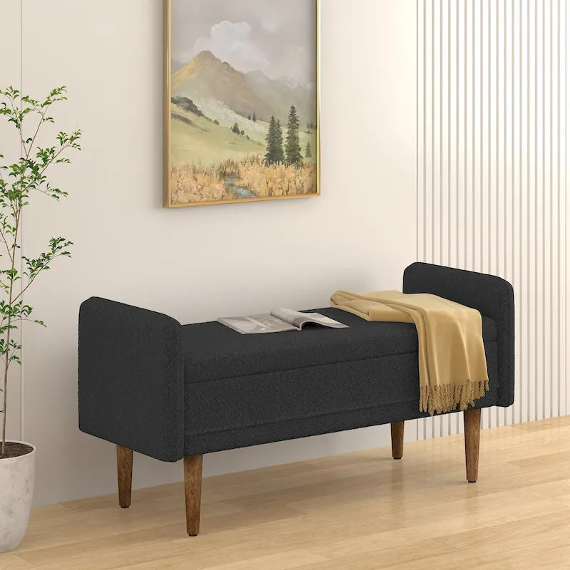 Banc de rangement capitonné accoudoirs bas rangement escamotable tissu lin garnissage éponge pieds fuselés en bois d'hévéa