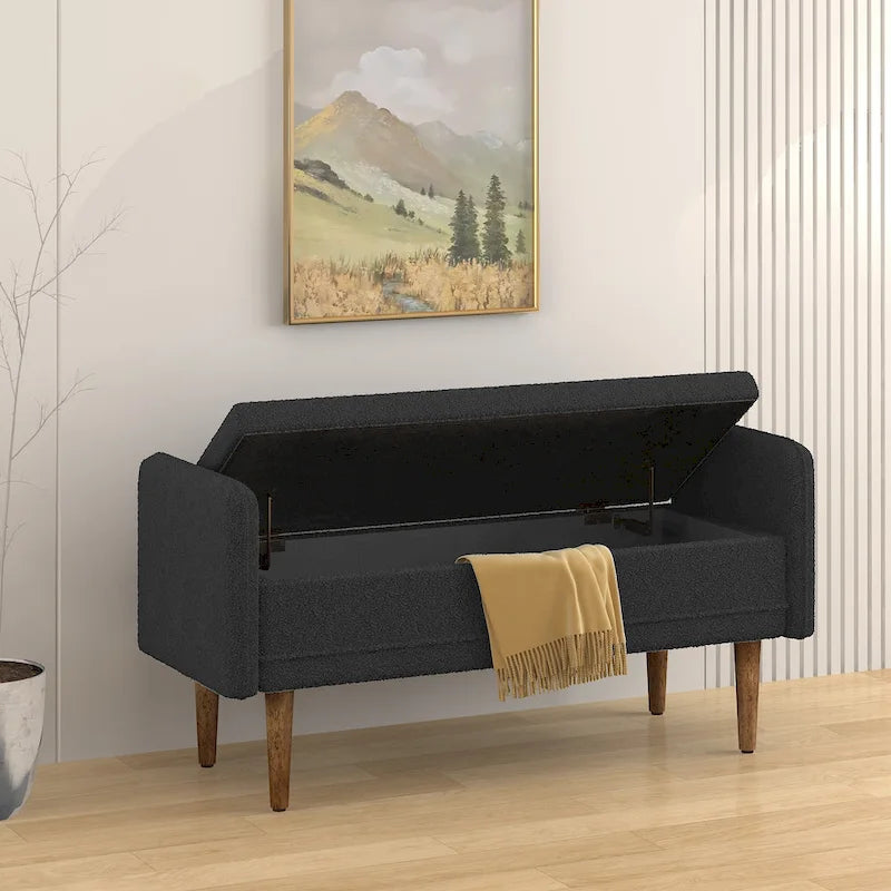 Banc de rangement capitonné accoudoirs bas rangement escamotable tissu lin garnissage éponge pieds fuselés en bois d'hévéa