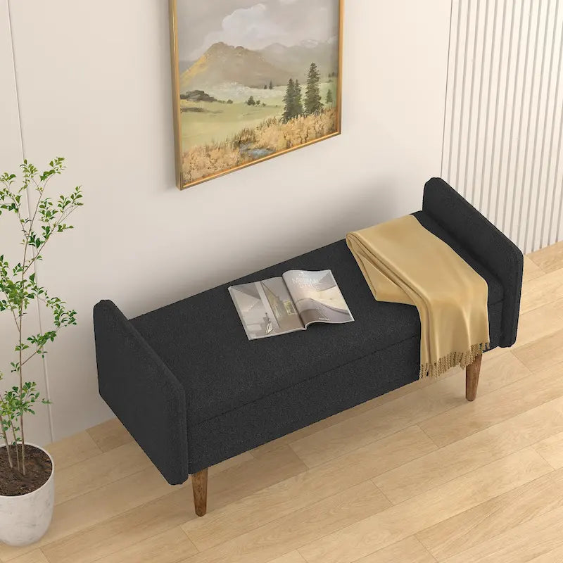 Banc de rangement capitonné accoudoirs bas rangement escamotable tissu lin garnissage éponge pieds fuselés en bois d'hévéa