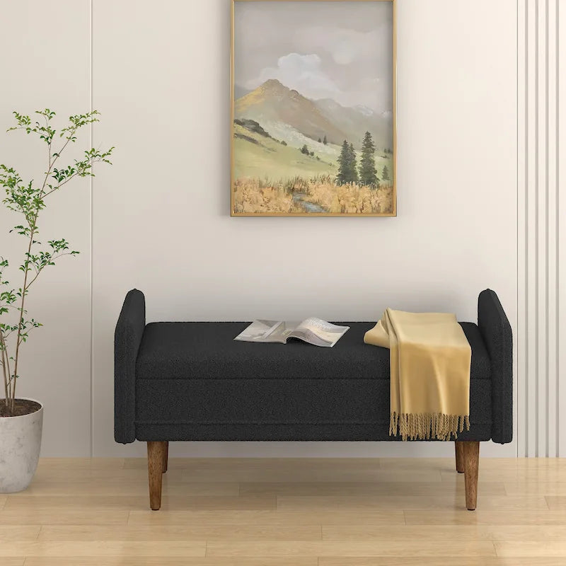 Banc de rangement capitonné accoudoirs bas rangement escamotable tissu lin garnissage éponge pieds fuselés en bois d'hévéa