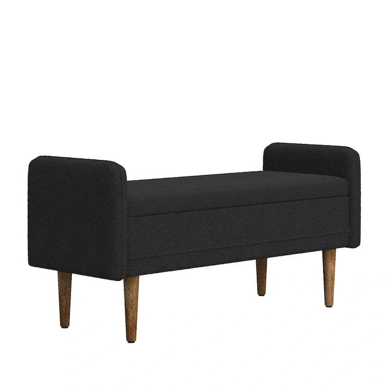 Banc de rangement capitonné accoudoirs bas rangement escamotable tissu lin garnissage éponge pieds fuselés en bois d'hévéa