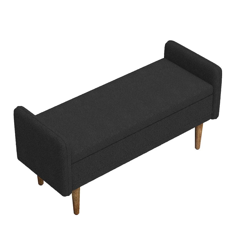 Banc de rangement capitonné accoudoirs bas rangement escamotable tissu lin garnissage éponge pieds fuselés en bois d'hévéa