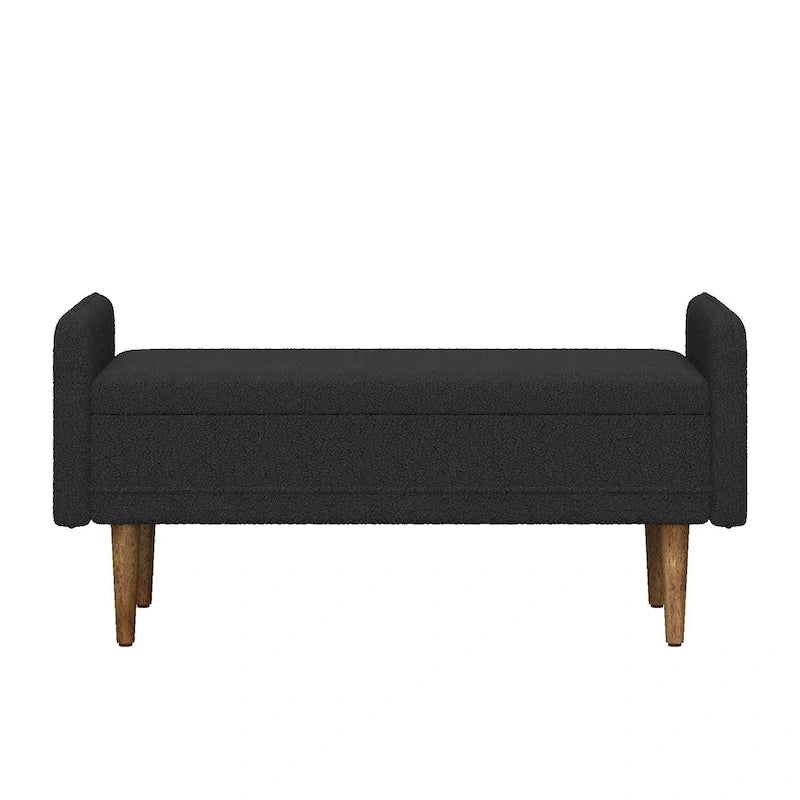 Banc de rangement capitonné accoudoirs bas rangement escamotable tissu lin garnissage éponge pieds fuselés en bois d'hévéa