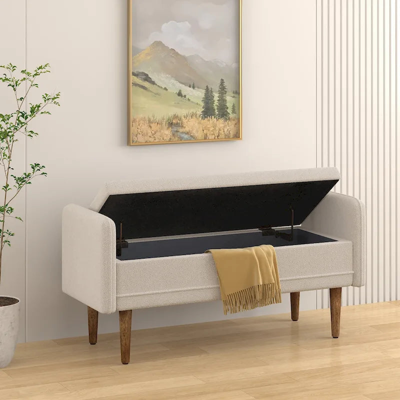 Banc de rangement capitonné accoudoirs bas rangement escamotable tissu lin garnissage éponge pieds fuselés en bois d'hévéa