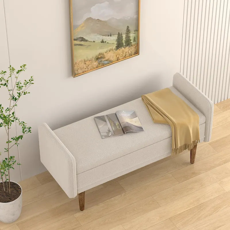 Banc de rangement capitonné accoudoirs bas rangement escamotable tissu lin garnissage éponge pieds fuselés en bois d'hévéa