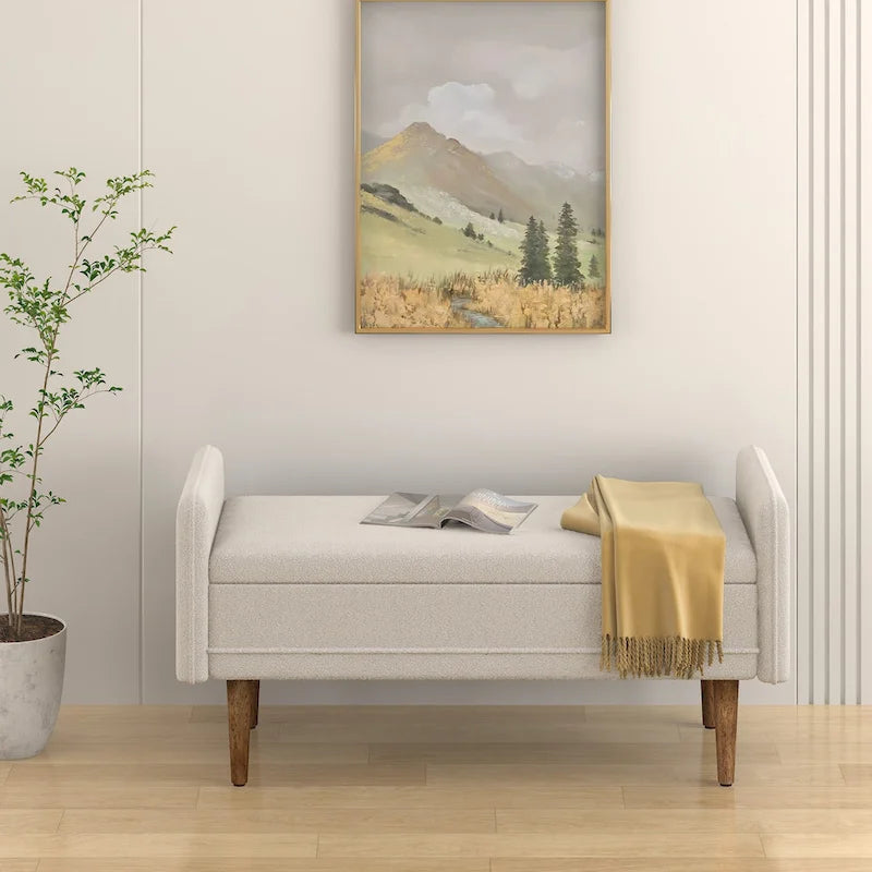 Banc de rangement capitonné accoudoirs bas rangement escamotable tissu lin garnissage éponge pieds fuselés en bois d'hévéa