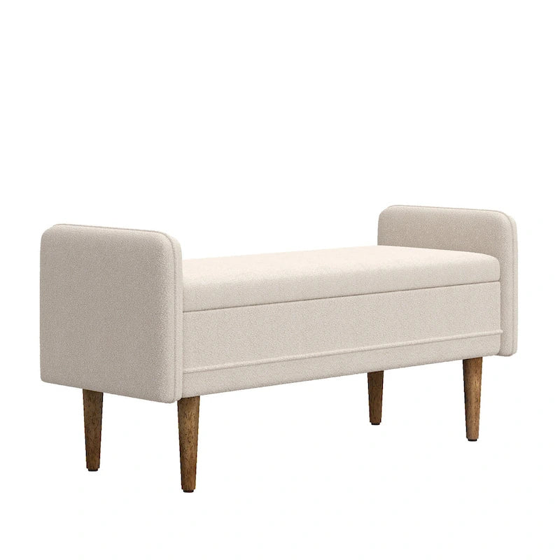 Banc de rangement capitonné accoudoirs bas rangement escamotable tissu lin garnissage éponge pieds fuselés en bois d'hévéa