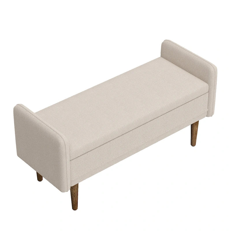 Banc de rangement capitonné accoudoirs bas rangement escamotable tissu lin garnissage éponge pieds fuselés en bois d'hévéa