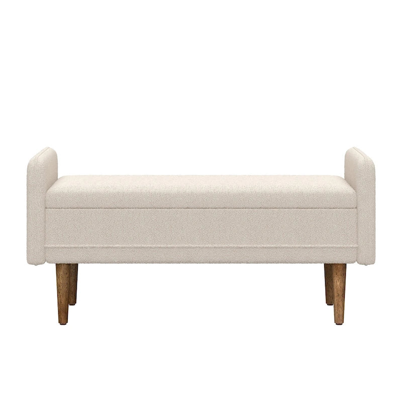 Banc de rangement capitonné accoudoirs bas rangement escamotable tissu lin garnissage éponge pieds fuselés en bois d'hévéa