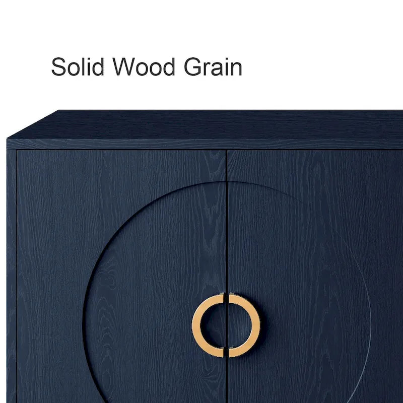 Buffet à quatre portes Détails des panneaux en arcs concentriques Poignées en anneaux dorés Pieds effilés en métal doré Intérieur à deux niveaux MDF Placage en bois massif Laque bleu marine
