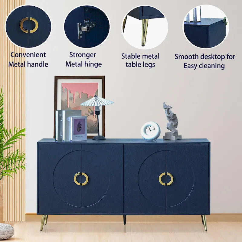Buffet à quatre portes Détails des panneaux en arcs concentriques Poignées en anneaux dorés Pieds effilés en métal doré Intérieur à deux niveaux MDF Placage en bois massif Laque bleu marine
