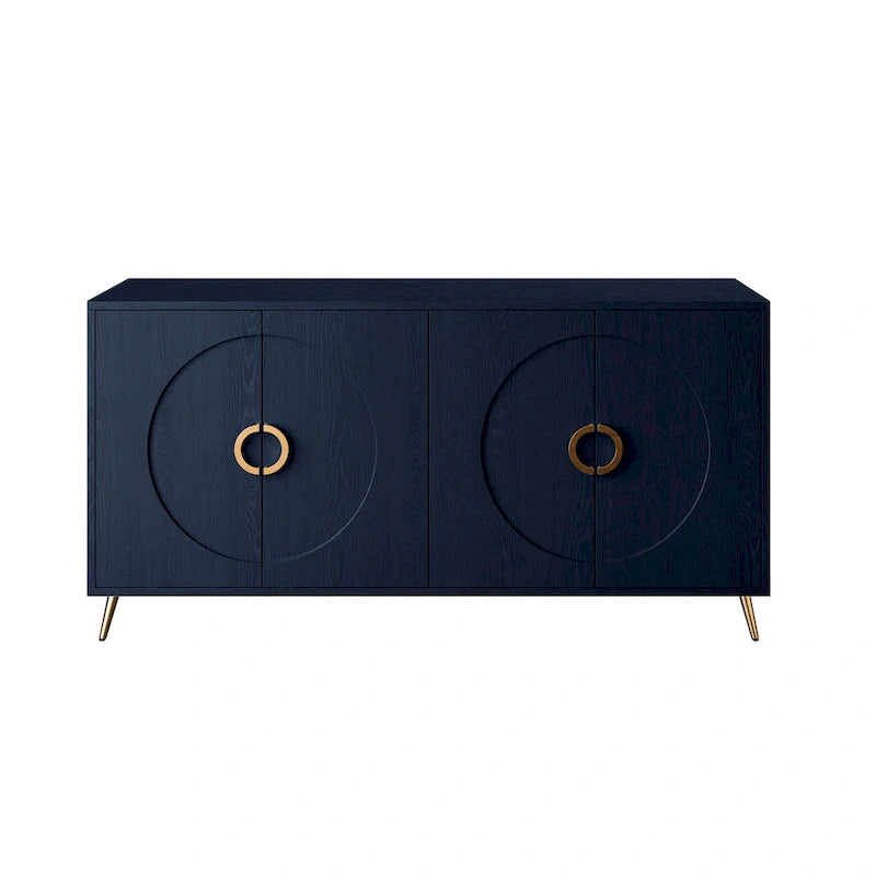 Buffet à quatre portes Détails des panneaux en arcs concentriques Poignées en anneaux dorés Pieds effilés en métal doré Intérieur à deux niveaux MDF Placage en bois massif Laque bleu marine