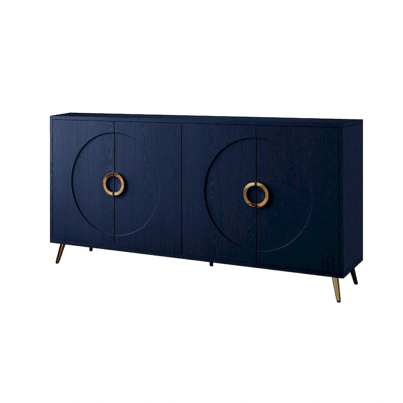 Buffet à quatre portes Détails des panneaux en arcs concentriques Poignées en anneaux dorés Pieds effilés en métal doré Intérieur à deux niveaux MDF Placage en bois massif Laque bleu marine