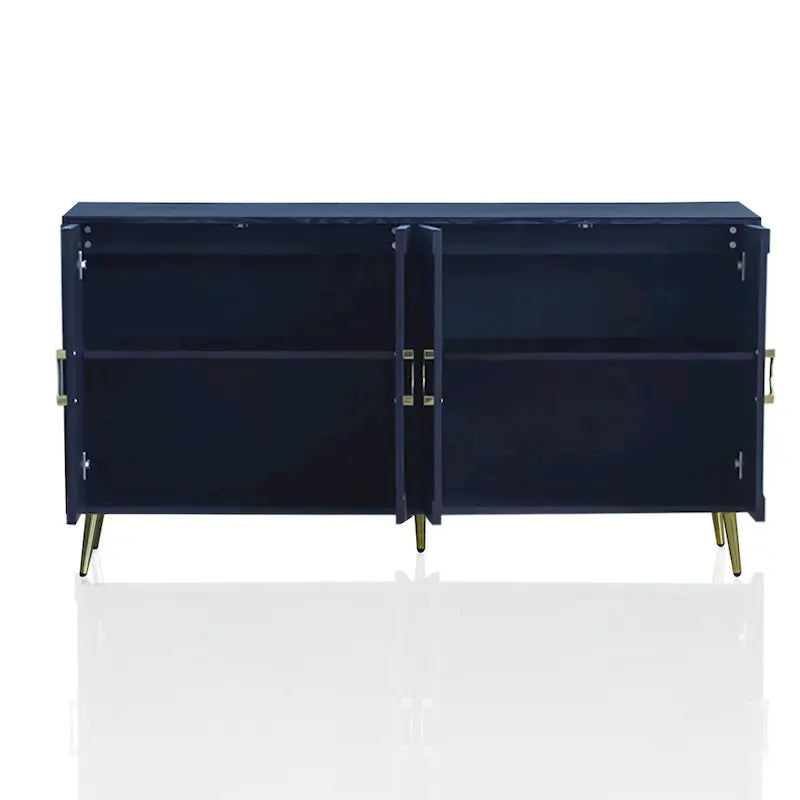 Buffet à quatre portes Détails des panneaux en arcs concentriques Poignées en anneaux dorés Pieds effilés en métal doré Intérieur à deux niveaux MDF Placage en bois massif Laque bleu marine