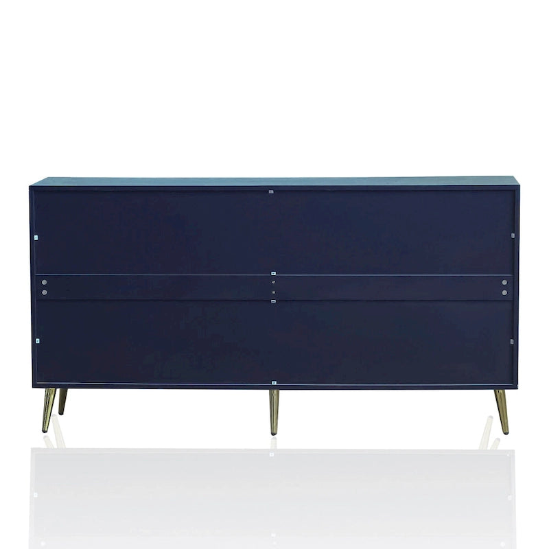 Buffet à quatre portes Détails des panneaux en arcs concentriques Poignées en anneaux dorés Pieds effilés en métal doré Intérieur à deux niveaux MDF Placage en bois massif Laque bleu marine