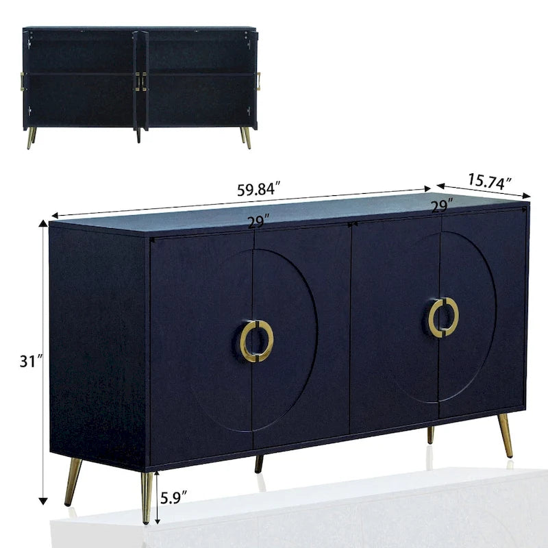Buffet à quatre portes Détails des panneaux en arcs concentriques Poignées en anneaux dorés Pieds effilés en métal doré Intérieur à deux niveaux MDF Placage en bois massif Laque bleu marine