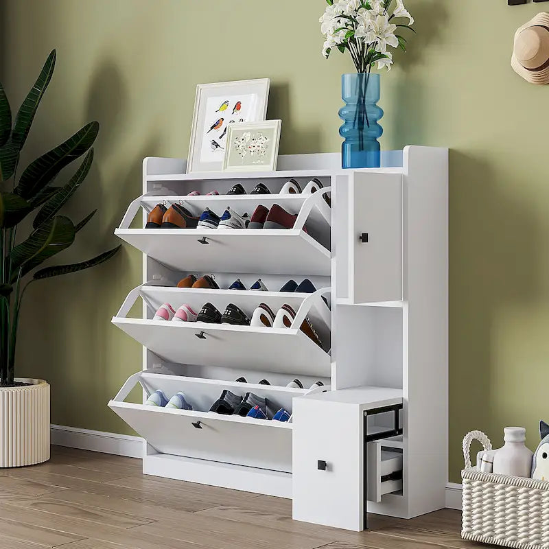 Meuble à chaussures à abattants Trois tiroirs basculants Meuble latéral et tiroir Capacité 24 paires MDF Panneau de particules Anti-basculement