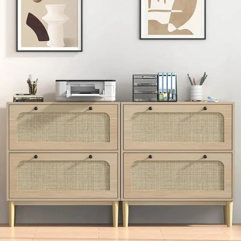 Classeur latéral à 2 tiroirs, façades de tiroirs en rotin naturel MDF, pieds en bois massif, tringle de suspension réglable