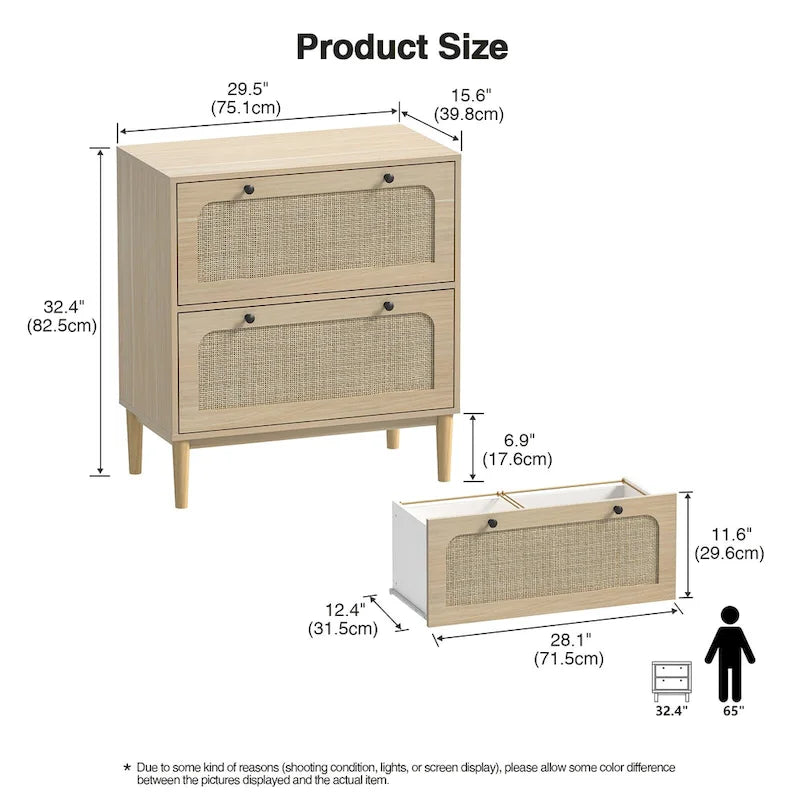 Classeur latéral à 2 tiroirs, façades de tiroirs en rotin naturel MDF, pieds en bois massif, tringle de suspension réglable