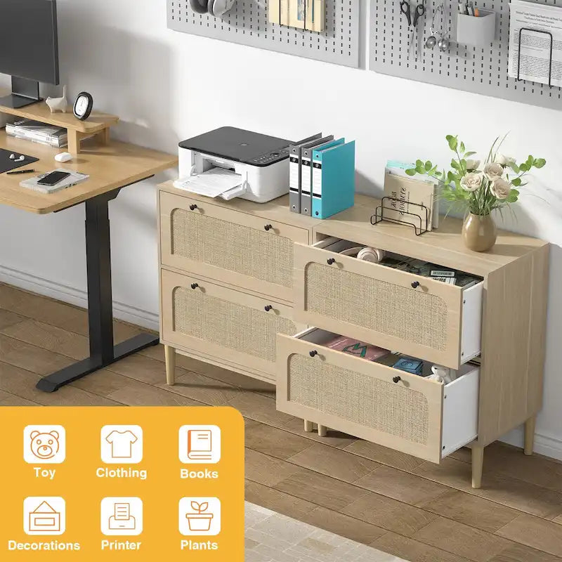 Classeur latéral à 2 tiroirs, façades de tiroirs en rotin naturel MDF, pieds en bois massif, tringle de suspension réglable