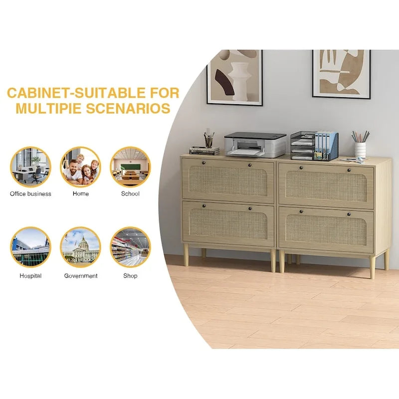 Classeur latéral à 2 tiroirs, façades de tiroirs en rotin naturel MDF, pieds en bois massif, tringle de suspension réglable