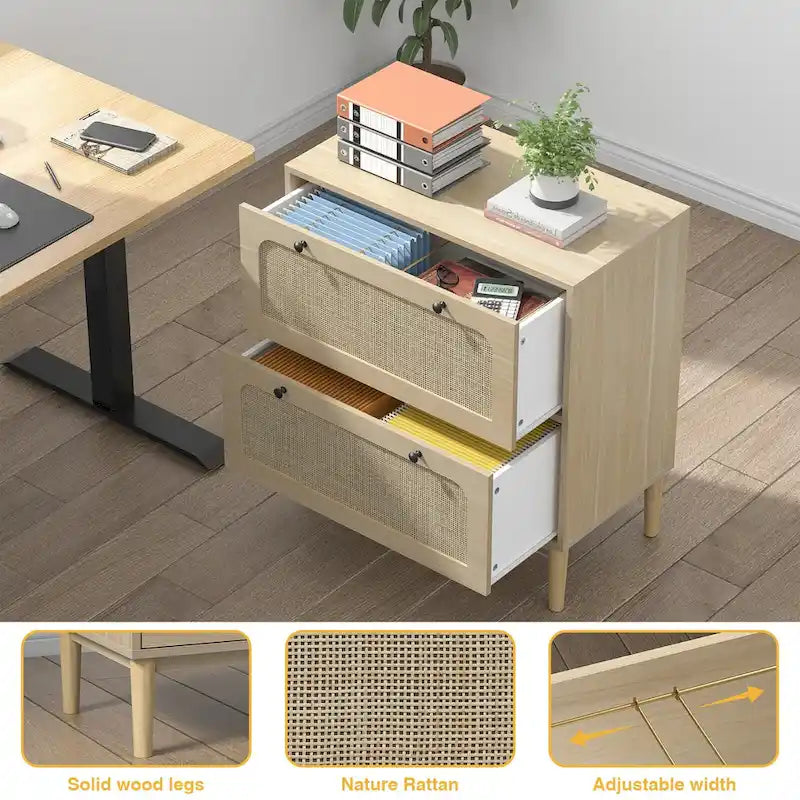 Classeur latéral à 2 tiroirs, façades de tiroirs en rotin naturel MDF, pieds en bois massif, tringle de suspension réglable
