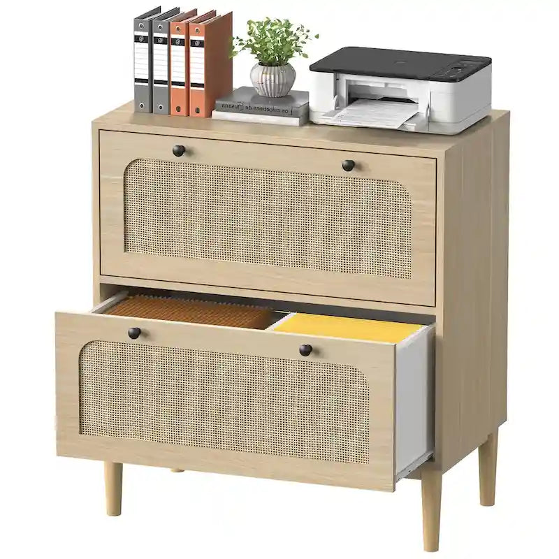Classeur latéral à 2 tiroirs, façades de tiroirs en rotin naturel MDF, pieds en bois massif, tringle de suspension réglable