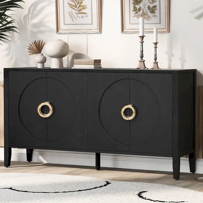 Buffet quatre portes en placage de sapin noir avec détails en arche ronde et poignées anneaux dorés