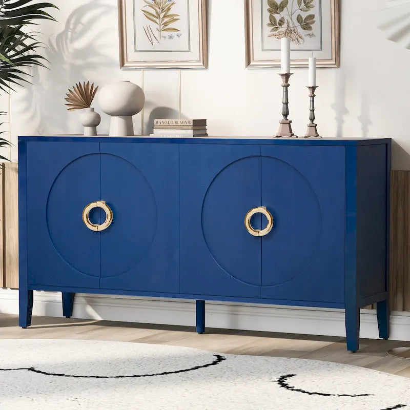 Buffet quatre portes en placage de sapin noir avec détails en arche ronde et poignées anneaux dorés