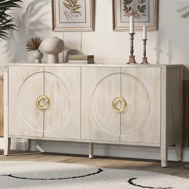 Buffet quatre portes en placage de sapin noir avec détails en arche ronde et poignées anneaux dorés