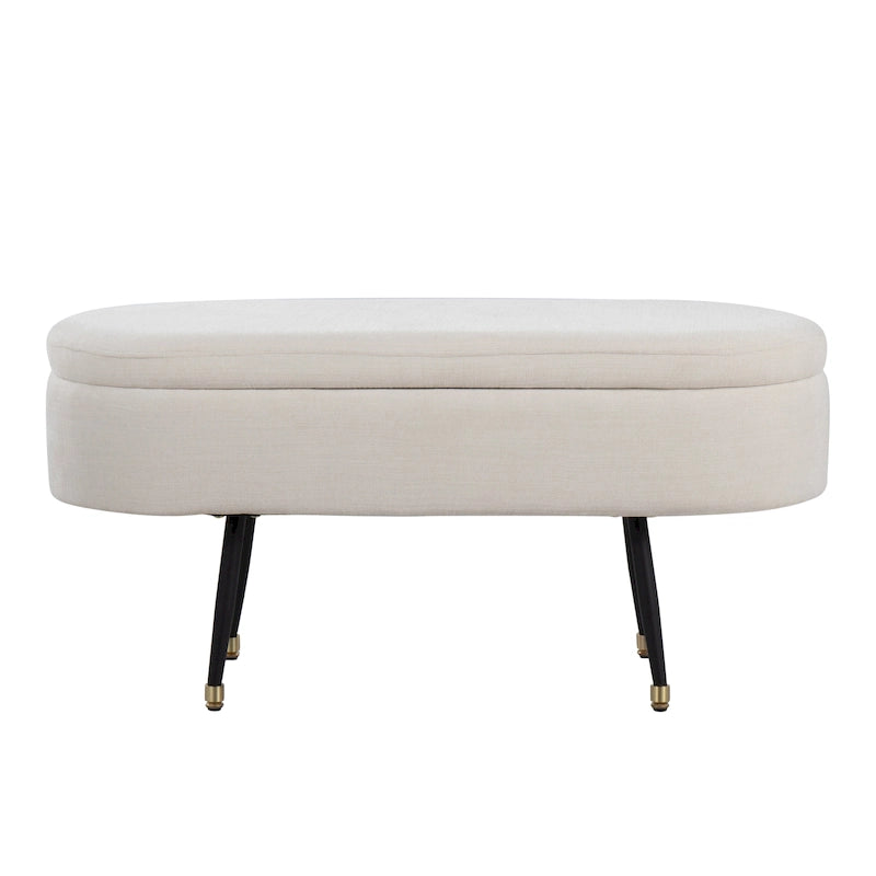 Banc de rangement capitonné ovale, couvercle à charnière, tissu polyester, rembourrage en mousse, pieds fuselés en métal noir, capuchons dorés pour les pieds