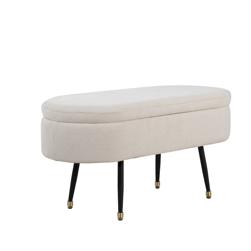 Banc de rangement capitonné ovale, couvercle à charnière, tissu polyester, rembourrage en mousse, pieds fuselés en métal noir, capuchons dorés pour les pieds