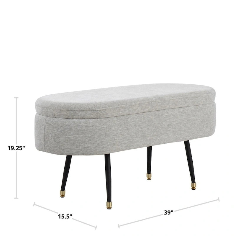 Banc de rangement capitonné ovale, couvercle à charnière, tissu polyester, rembourrage en mousse, pieds fuselés en métal noir, capuchons dorés pour les pieds