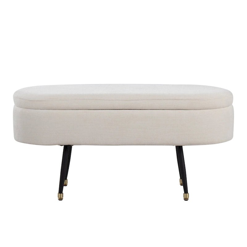 Banc de rangement capitonné ovale, couvercle à charnière, tissu polyester, rembourrage en mousse, pieds fuselés en métal noir, capuchons dorés pour les pieds