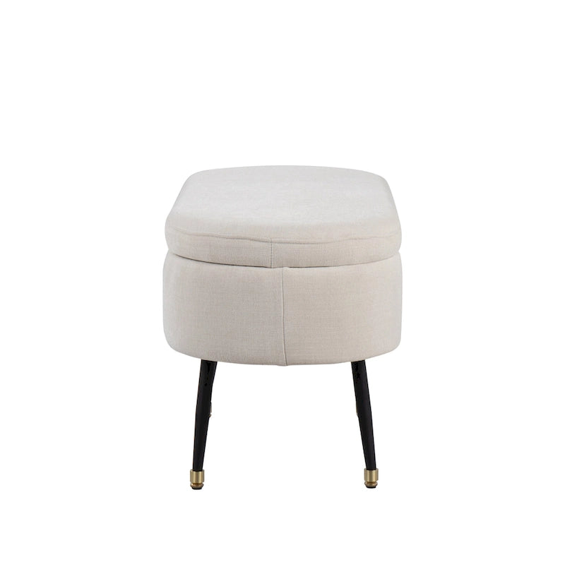 Banc de rangement capitonné ovale, couvercle à charnière, tissu polyester, rembourrage en mousse, pieds fuselés en métal noir, capuchons dorés pour les pieds