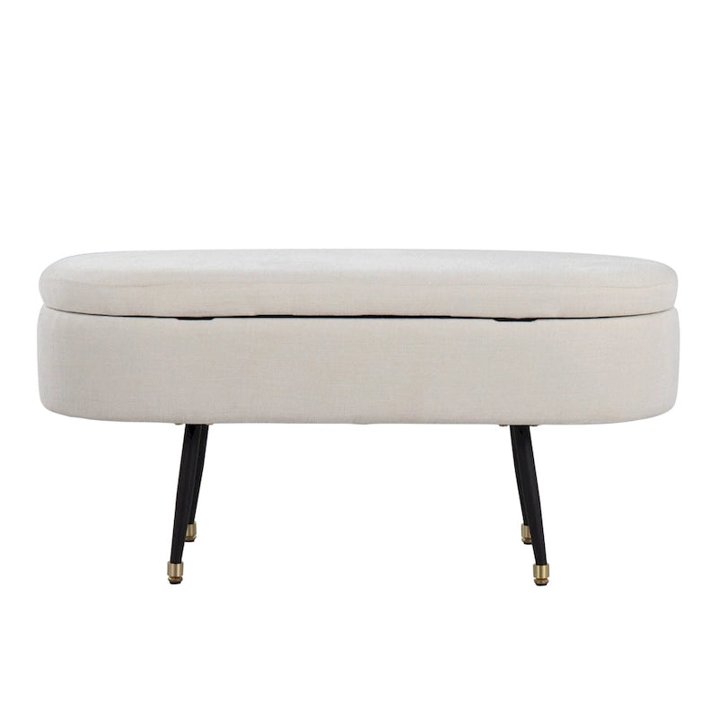 Banc de rangement capitonné ovale, couvercle à charnière, tissu polyester, rembourrage en mousse, pieds fuselés en métal noir, capuchons dorés pour les pieds