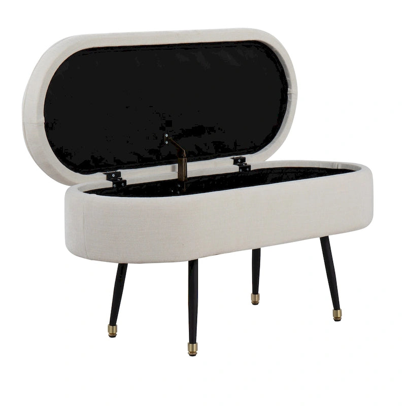 Banc de rangement capitonné ovale, couvercle à charnière, tissu polyester, rembourrage en mousse, pieds fuselés en métal noir, capuchons dorés pour les pieds