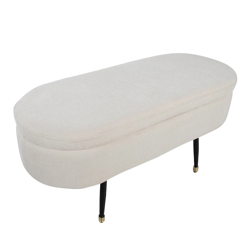 Banc de rangement capitonné ovale, couvercle à charnière, tissu polyester, rembourrage en mousse, pieds fuselés en métal noir, capuchons dorés pour les pieds