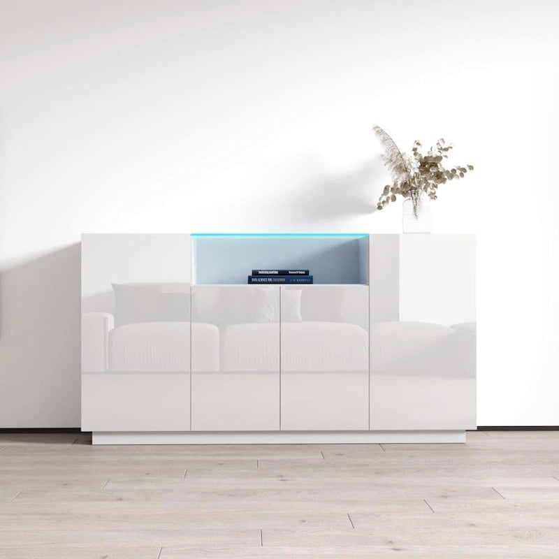 Buffet bahut moderne laqué avec éclairage LED 16 couleurs, quatre portes, 160 cm de large