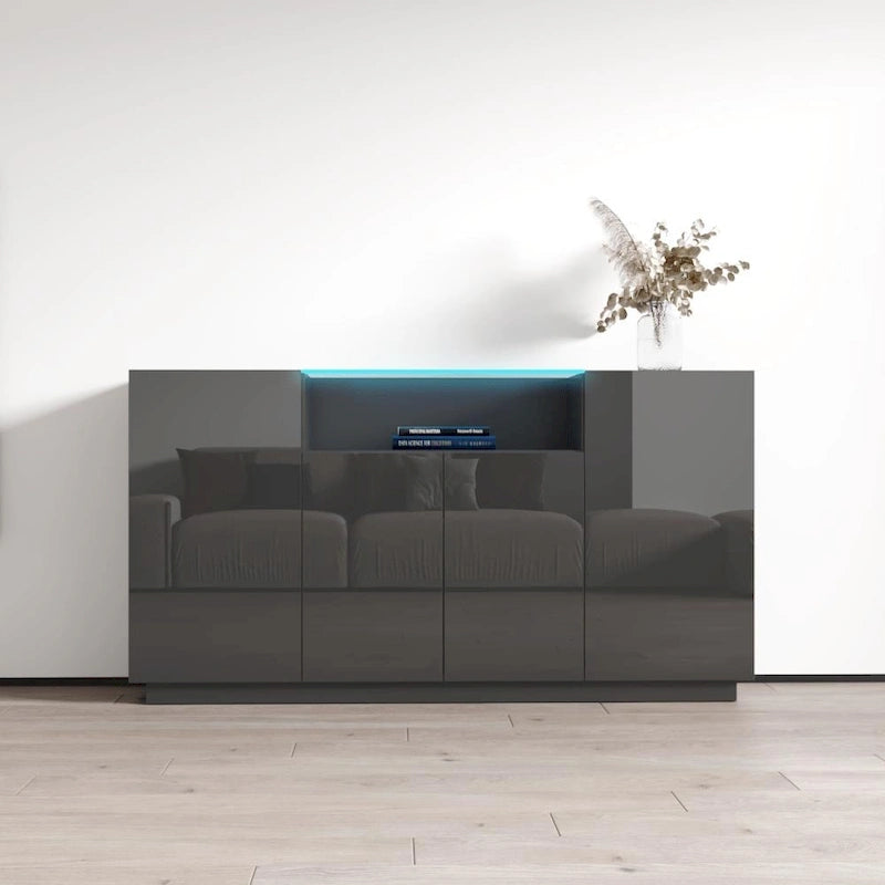 Buffet bahut moderne laqué avec éclairage LED 16 couleurs, quatre portes, 160 cm de large