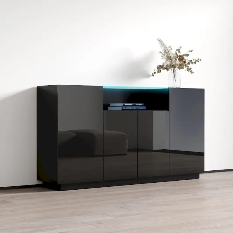 Buffet bahut moderne laqué avec éclairage LED 16 couleurs, quatre portes, 160 cm de large