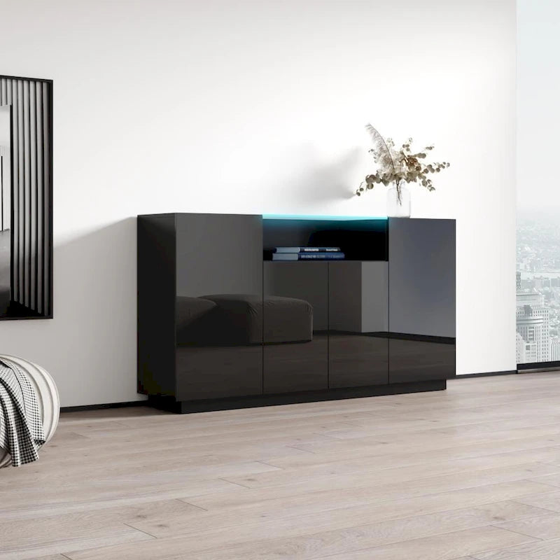 Buffet bahut moderne laqué avec éclairage LED 16 couleurs, quatre portes, 160 cm de large