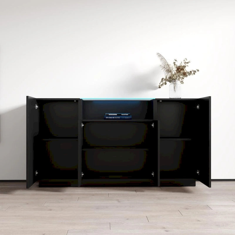 Buffet bahut moderne laqué avec éclairage LED 16 couleurs, quatre portes, 160 cm de large