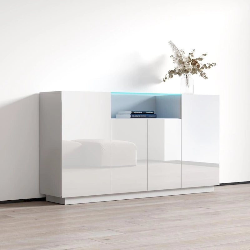 Buffet bahut moderne laqué avec éclairage LED 16 couleurs, quatre portes, 160 cm de large