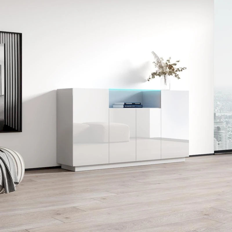 Buffet bahut moderne laqué avec éclairage LED 16 couleurs, quatre portes, 160 cm de large