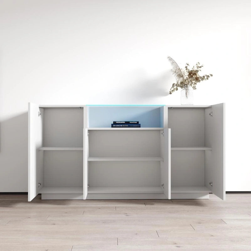 Buffet bahut moderne laqué avec éclairage LED 16 couleurs, quatre portes, 160 cm de large