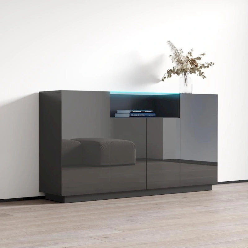 Buffet bahut moderne laqué avec éclairage LED 16 couleurs, quatre portes, 160 cm de large