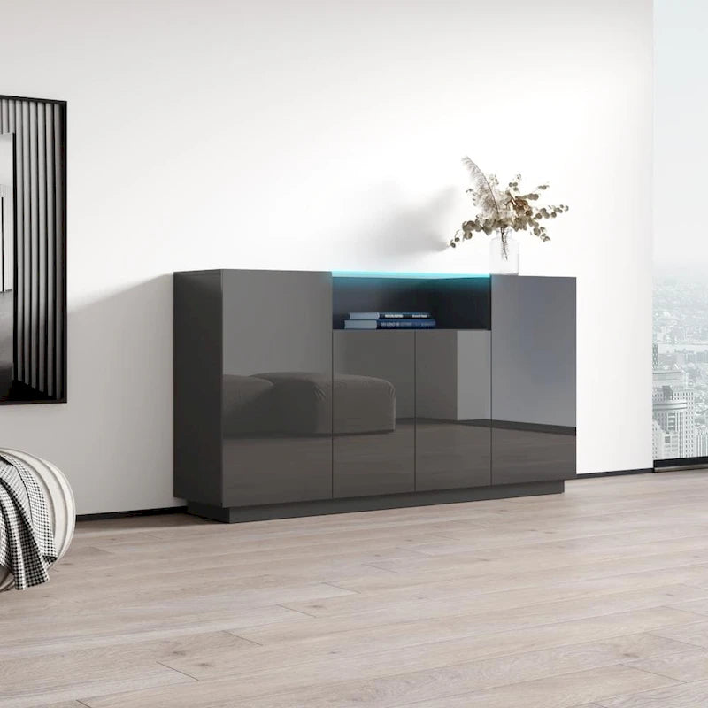 Buffet bahut moderne laqué avec éclairage LED 16 couleurs, quatre portes, 160 cm de large