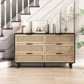 Commode à six tiroirs Façades de tiroirs en rotin tressé Poignées barres noires Pieds coniques en bois massif Cadre en aggloméré