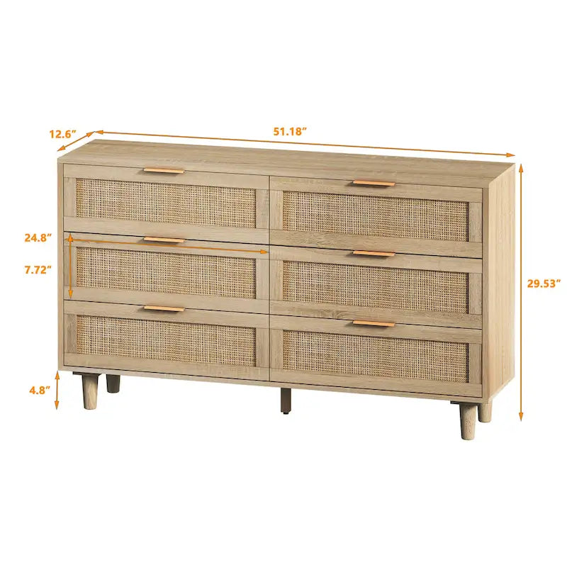 Commode à six tiroirs Façades de tiroirs en rotin tressé Poignées barres noires Pieds coniques en bois massif Cadre en aggloméré